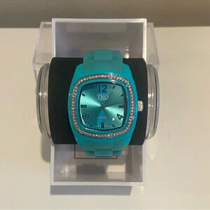 TKO Square Face Watch with Silicone and Rhinestones Aqua Blue EUC